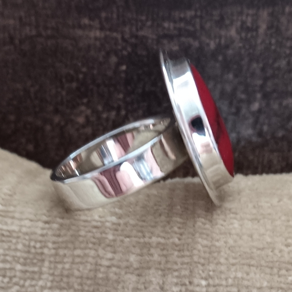 Silver Synthetic Red Stone Set Ring - Picture 2 of 14